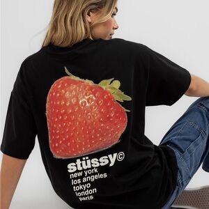NEW Stussy Black Tee with Large Red Strawberry Graphic